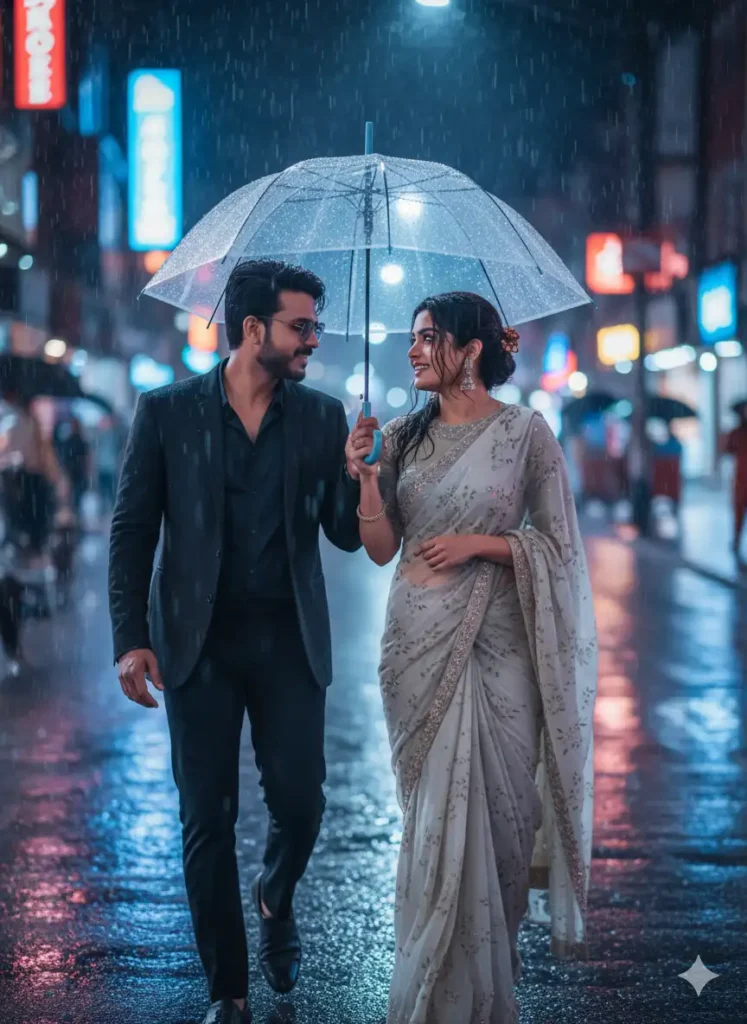 Couple walking with umbrella on rainy street