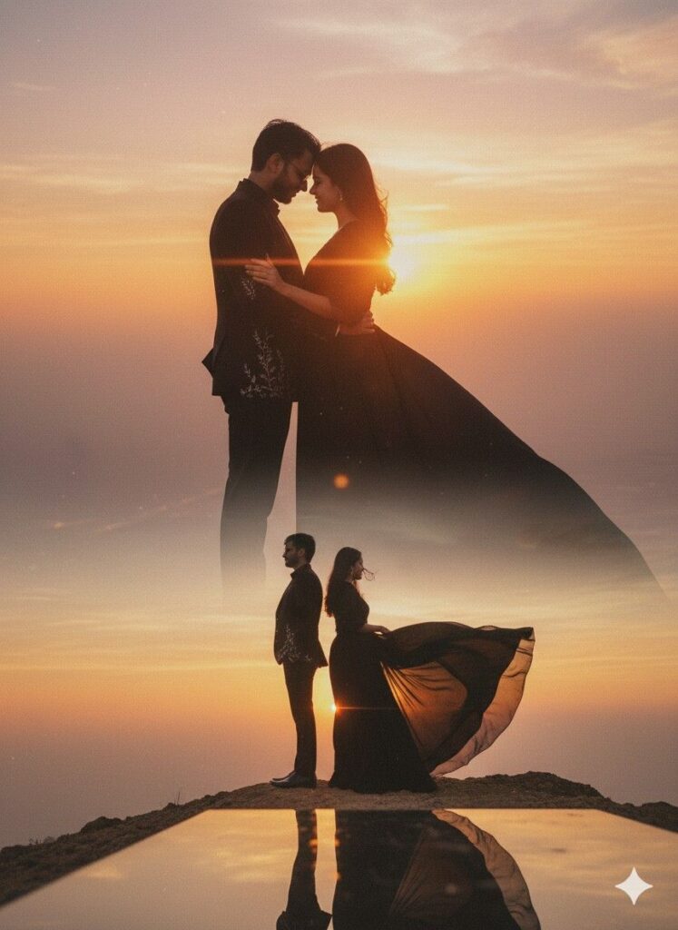 romantic couple photoshoot at sunset with a cinematic dual exposure effect