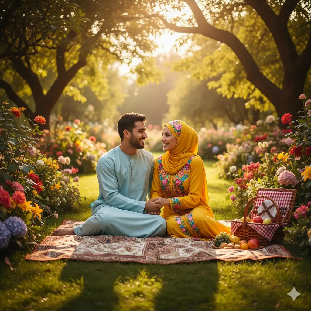 A Muslim couple shares a quiet picnic in a lush garden at golden hour 2