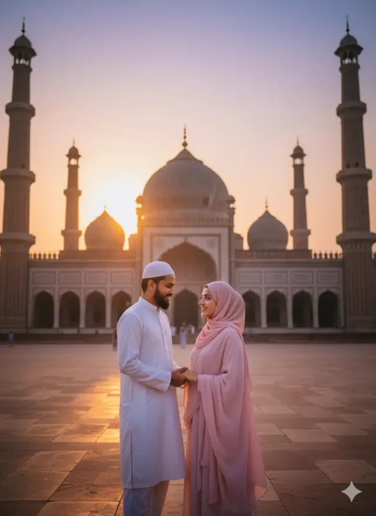 A Muslim couple shares a quiet picnic in a lush garden at golden hour