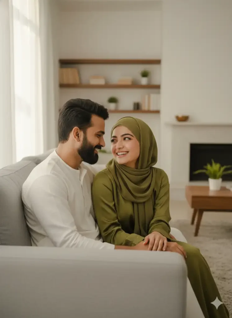Muslim Couple AI Prompt for Gemini Casual Indoor Portrait