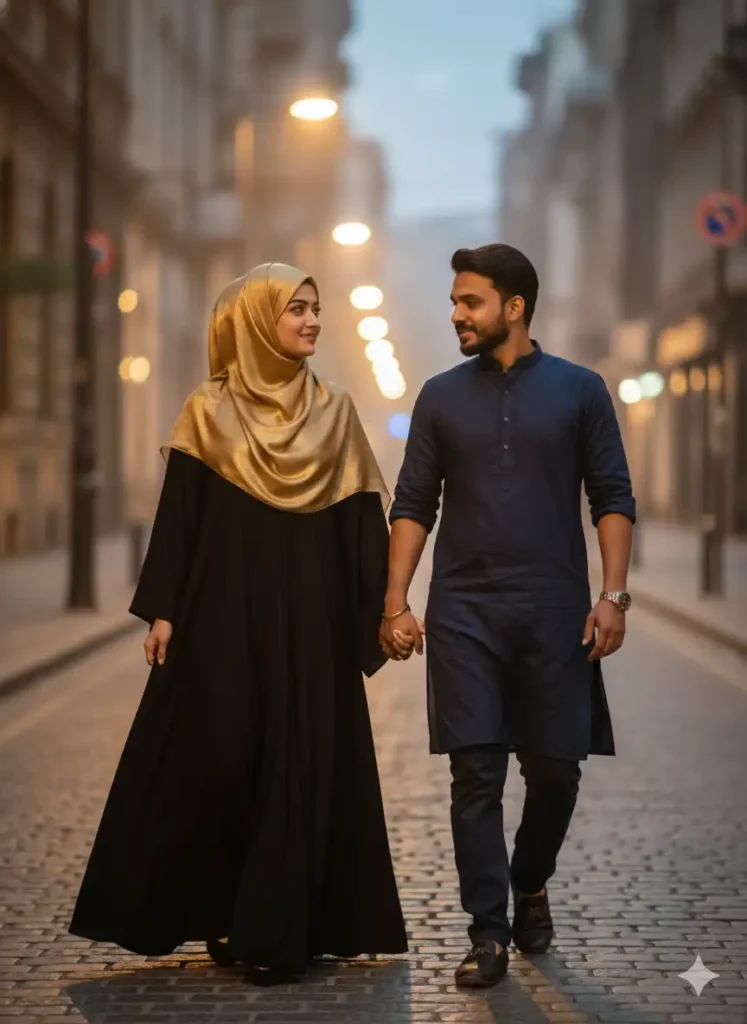 Romantic Muslim Couple AI Prompt for Gemini in Street Photography Style